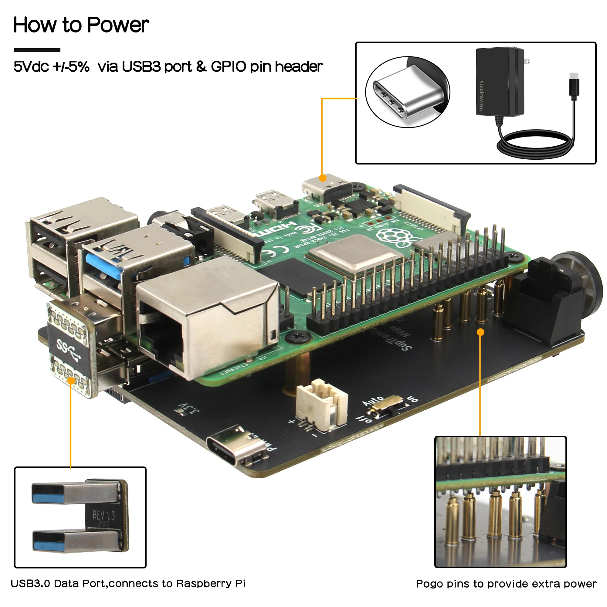 Geekbord X873 USB 3.0-M.2 NVMe SSD Ȯ�� ����, RPi 4 ��, �ִ� 4TB SSD ������, ����� ���� 4 NVMe SSD ����