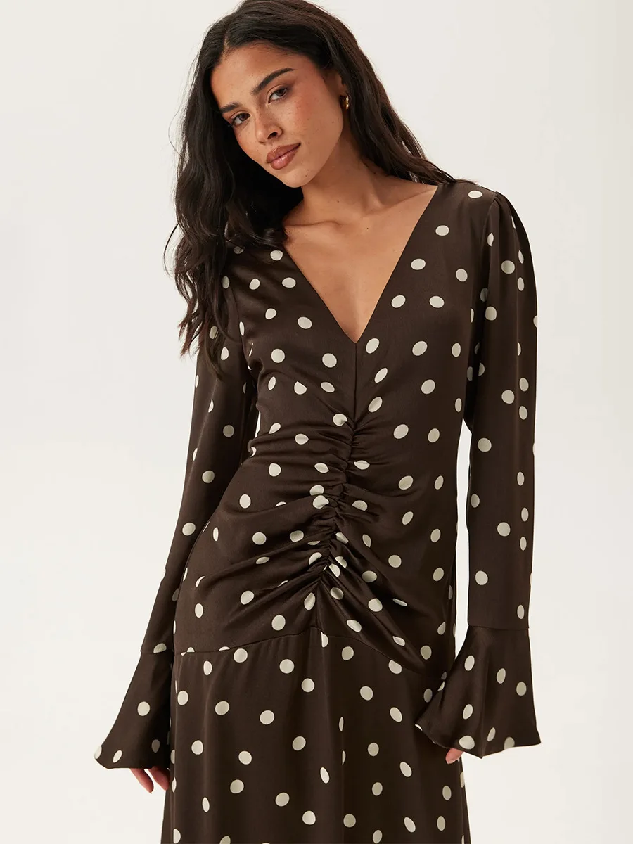 Bornladies Women's Summer New Polka Dot Long Sleeve Dress Slim Fit Ruched V Neck Flared Sleeve Waist Dress