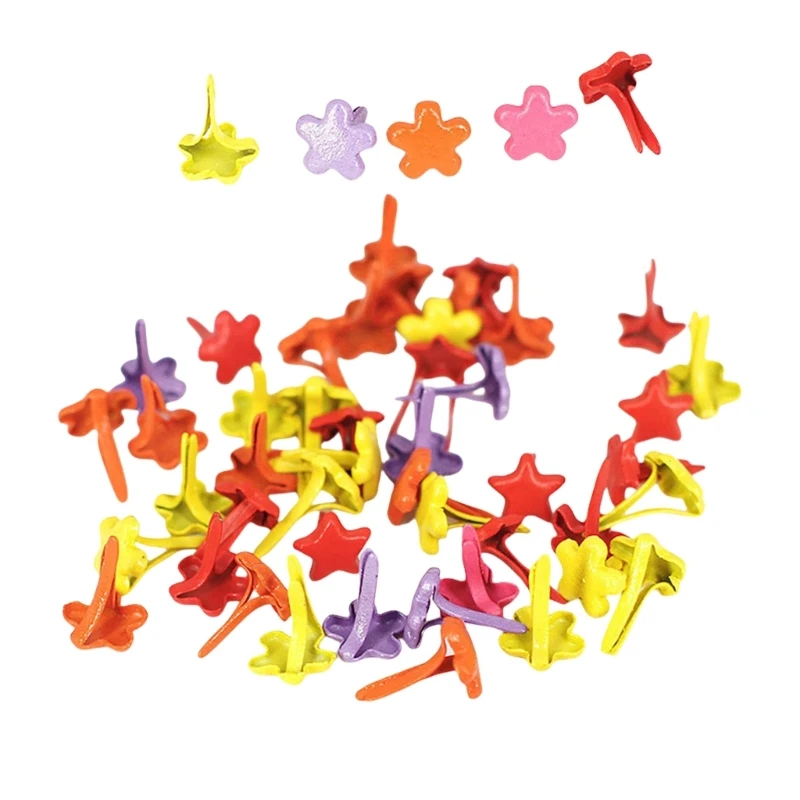 100Pcs Split Pins Multicolor Metal Brad Fasteners Round Brads Heart Brads Flower for Paper Craft Scrapbooking