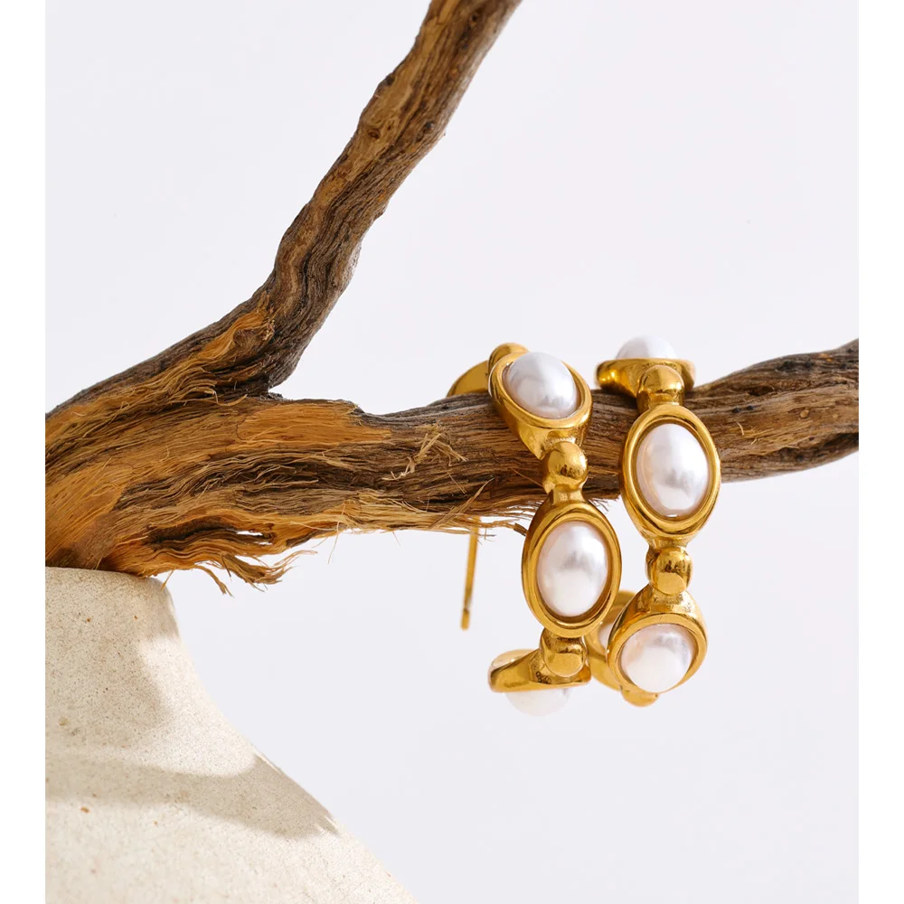 Yhpup Simulated Pearls C-Shape Hoop Earrings