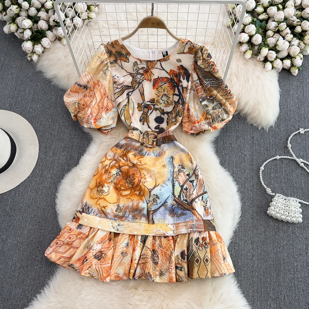 

Шикарное летнее Австралийское нишевое платье 2023, платья с круглым вырезом и коротким рукавом, тонкое платье-трапеция с оборками и масляным принтом