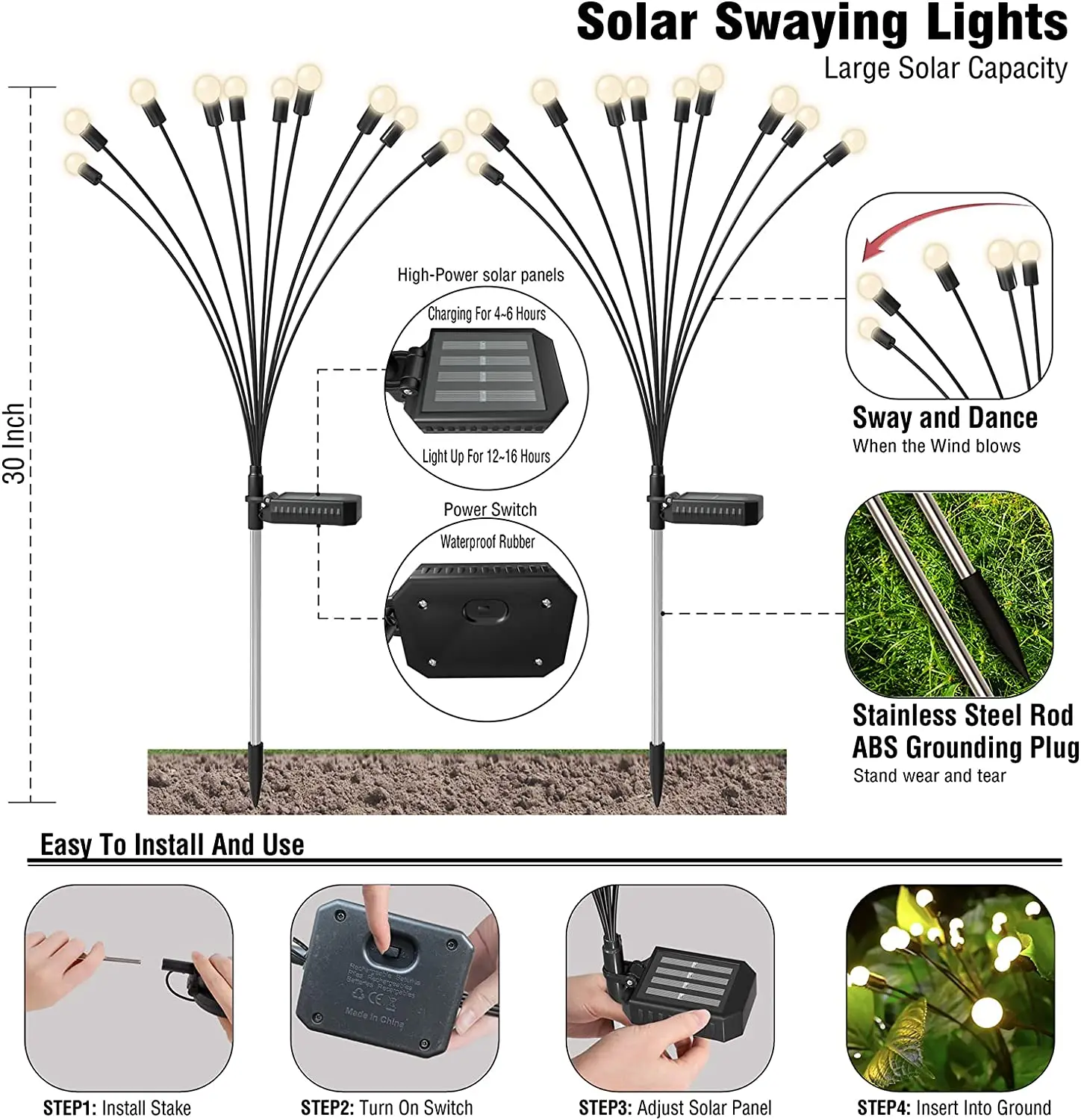 8Pack Solar Firefly Lights 10LED Outdoor Waterproof Swaying Light For Yard Patio Pathway