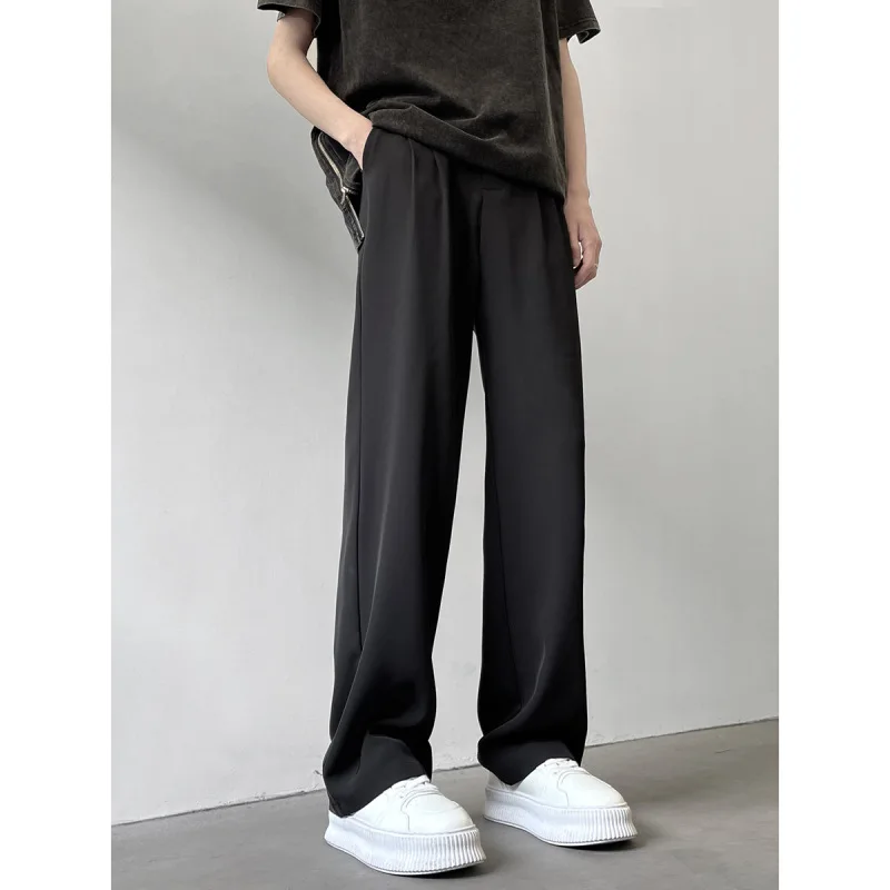 2024 Ice Silk Fabric Straight Trousers Summer New Men's Button Zipper Patchwork Pockets Fashion Loose Sagging Sensation Pants