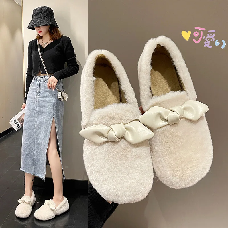 

Loafers Fur Casual Woman Shoe Shallow Mouth Bow-Knot Round Toe Female Footwear Autumn Modis Moccasin Butterfly New Dress Fall 20