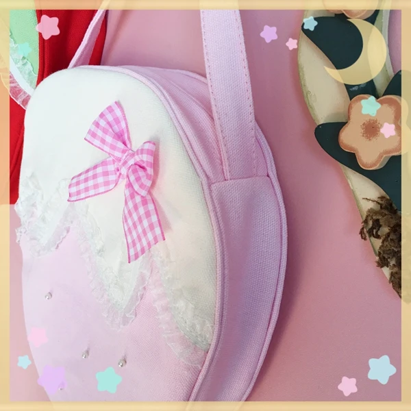 Japanese Handmade Homemade Lolita Bags Female Soft Girl Macaron Pearl Strawberry Fungus Edge Bow Messenger Bag Girl Canvas Bag 4
