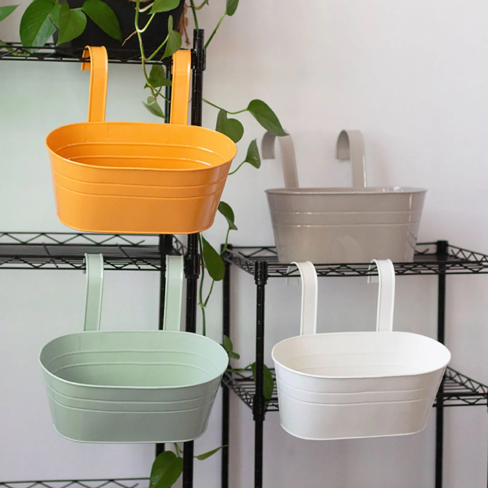 Home Oval Metal Plant Flower Pot Fence Balcony Garden Hanging Planter Pots flower pot