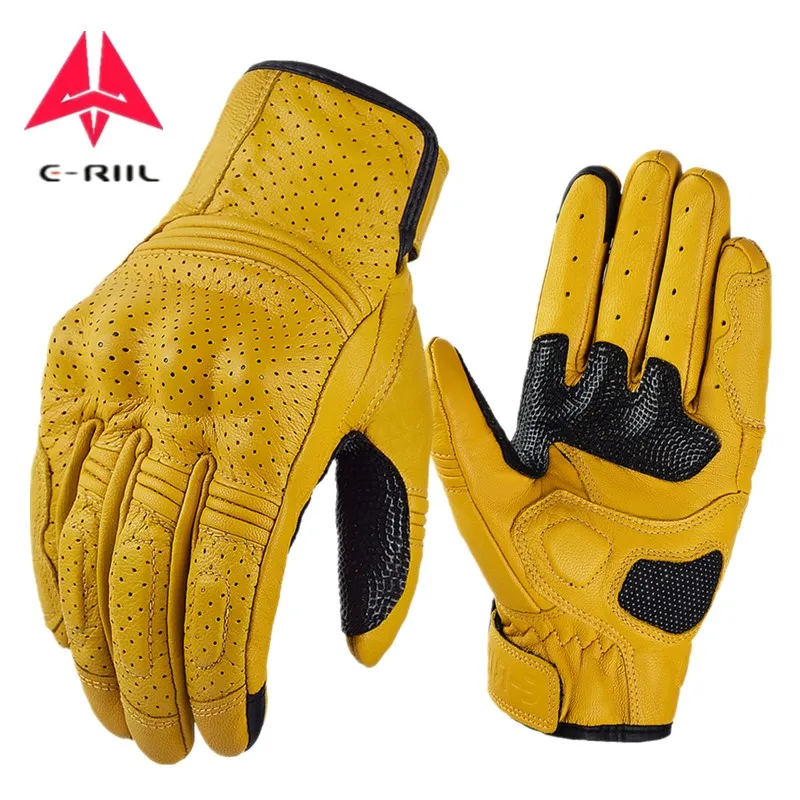 Retro Genuine Leather Motorcycle Gloves Yellow Vintage Motorbike