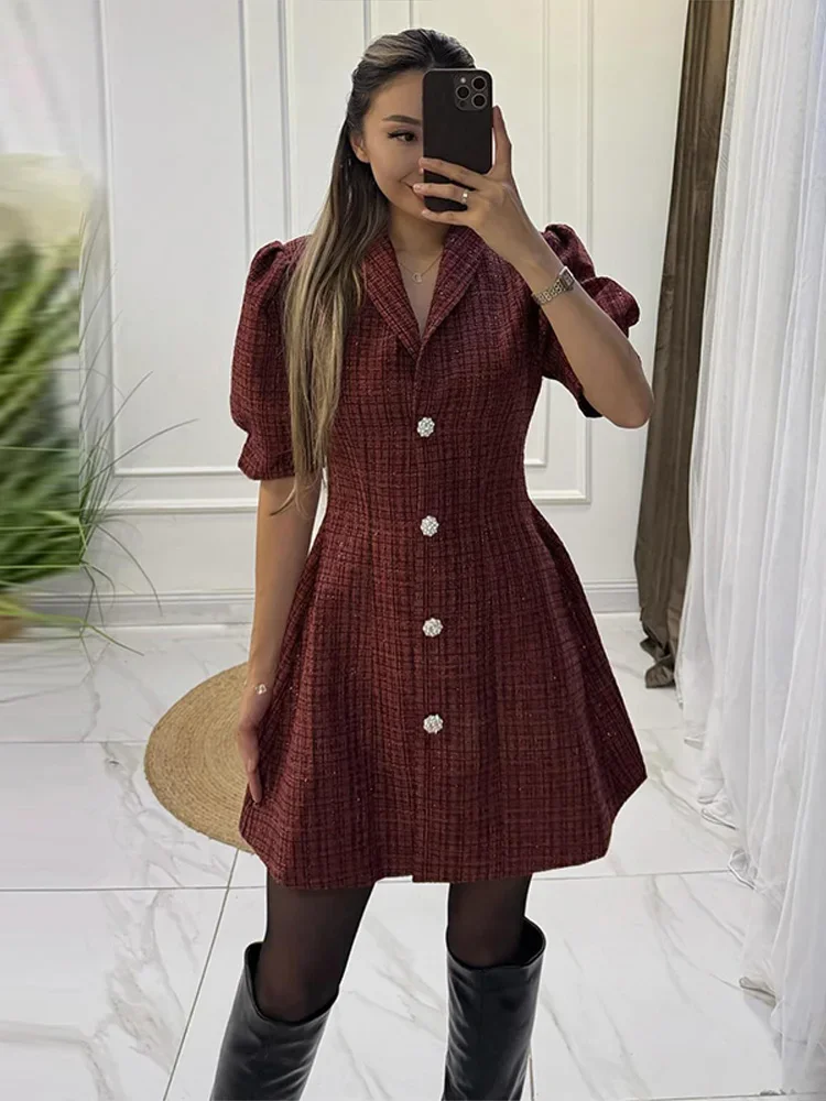 Revers Kurzarm Taille Cinching Mini Kleid Frauen Elegante Puff Ärmeln Einreiher Schlank Party Abendkleider Neue Partywear – Detail 11