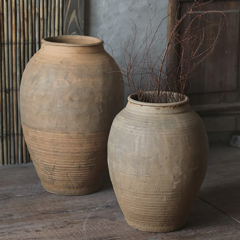 

Large floor to ceiling earthenware jar landscape decoration ornaments, retro oversized vase, Weng vase, living room