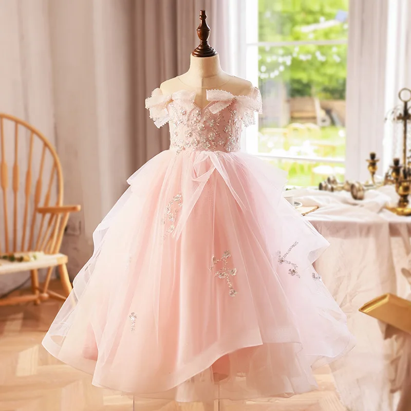 

Kids Pink Prom Dress Wedding Performance Christmas Party Costume Evening Gown for Girls Elegant Bow Sleeveless Princess Dresses