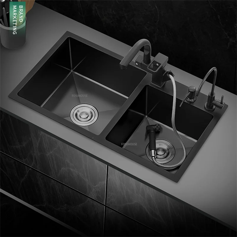 Black Stainless Steel Double-slot Kitchen Sink Bowl Modern Kitchen  Accessories Kitchen Sink Divider Drain Basket Washing Basin - AliExpress