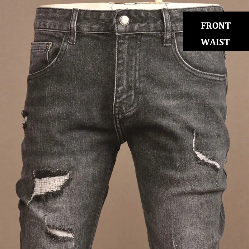 Fashion Streetwear Men Jeans Retro Black Gray Elastic Slim Fit Ripped Jeans Men Vintage Designer Denim Pencil Pants Hombre