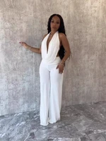 Halter Backless Deep V Cowl Neck Solid Color Jumpsuit for Women Elegant Evening Gowns Tea Party Attire Sexy One Piece Outfit - Image 4