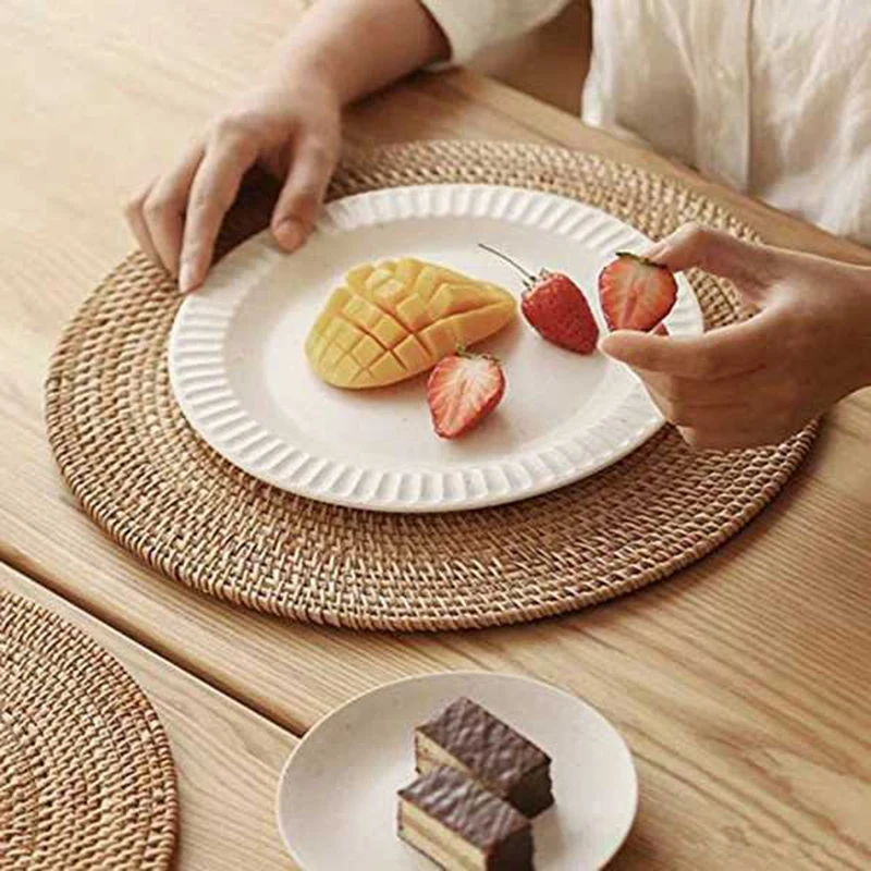 2 Pcs Handmade Round Natural Rattan Placemat Farmhouse Round Wicker Placemats For Dining Table,Wedding,Parties,BBQ's,Etc