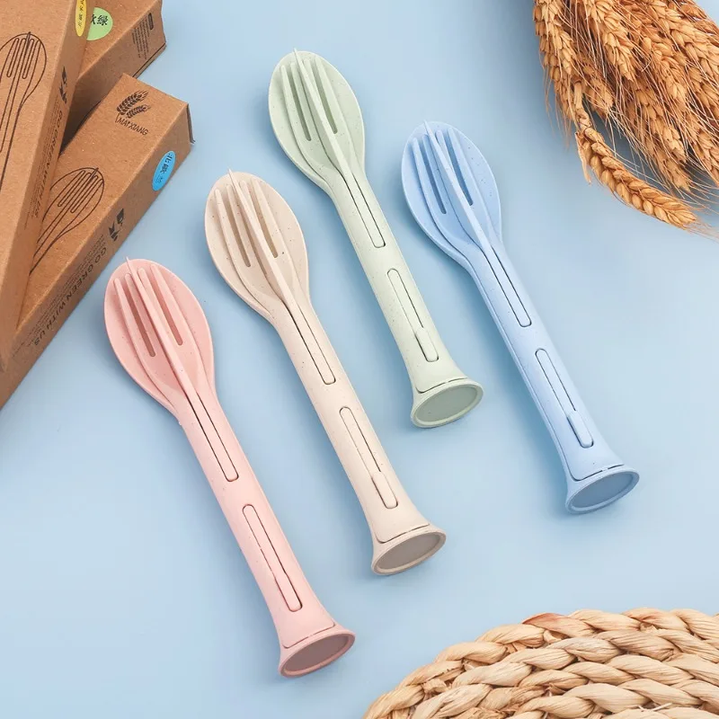 Eco-Friendly Wheat Straw Nordic Style Utensil Set for Kids - 3-in-1 Portable Fork, Spoon, Knife, BPA-Free & Lunchbox Essentials