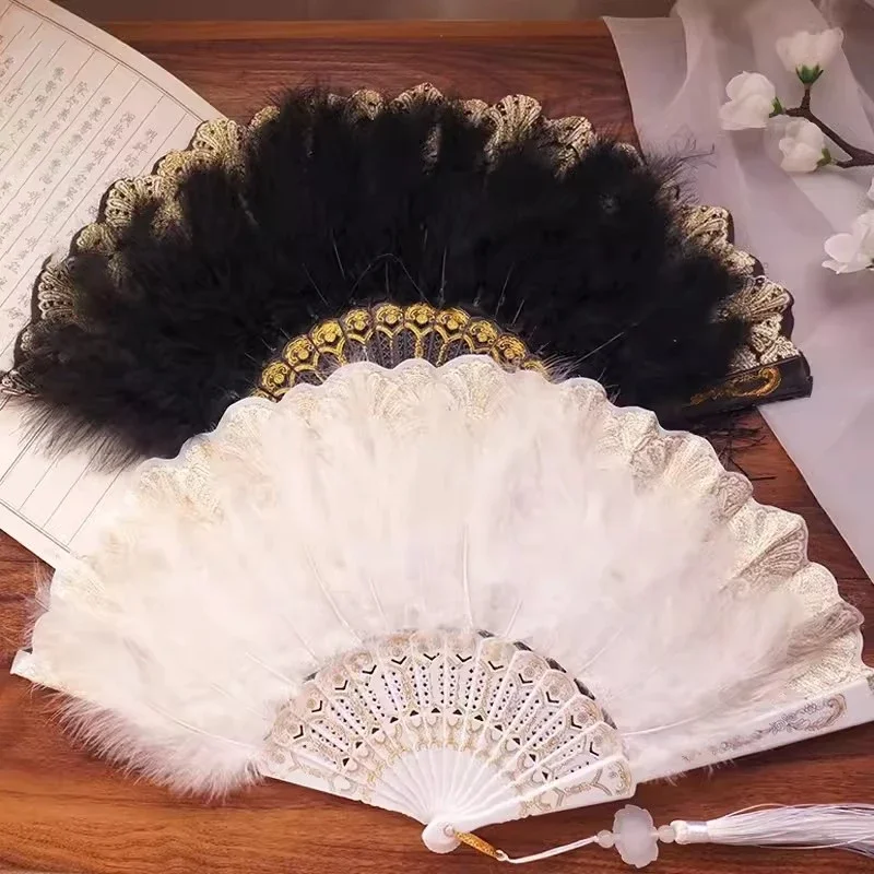 Chinese Style Vintage Retro Foldable Hand Fan Feathers Lace