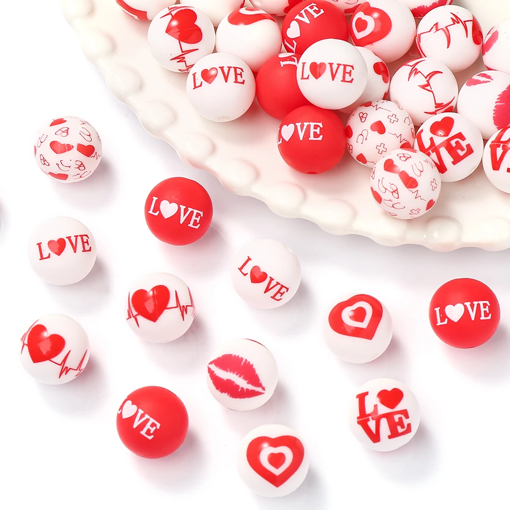 Baby Teether Round 15mm Love Heart Print Silicone Bead DIY Newborn Gift Pacifier Necklace Chain 10pcs teething toys silicone teething toys baby teething toys silicone beads silicone teether silicone teething beads