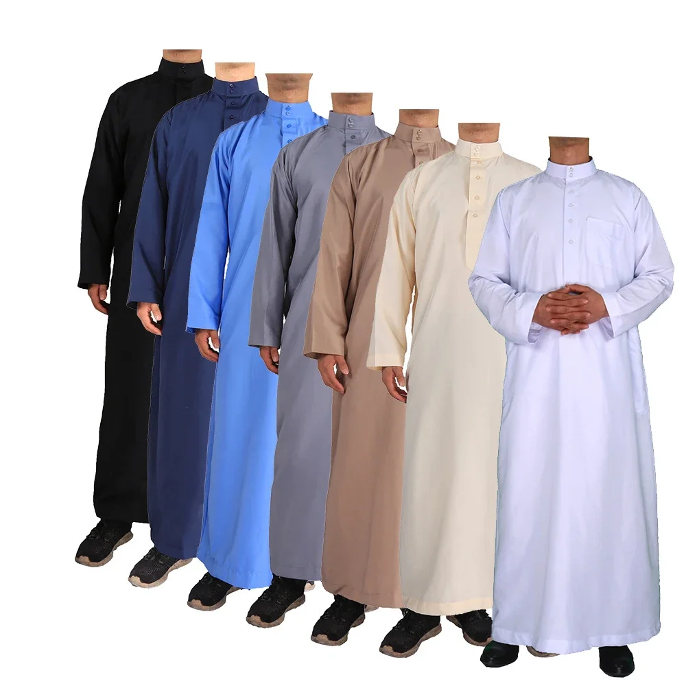 Muslim Men Jubba Thobe Long Sleeve Solid Color Soft Breathable Robes Stand Collar Islamic Arabic Kaftan T-shirt for Ramadan