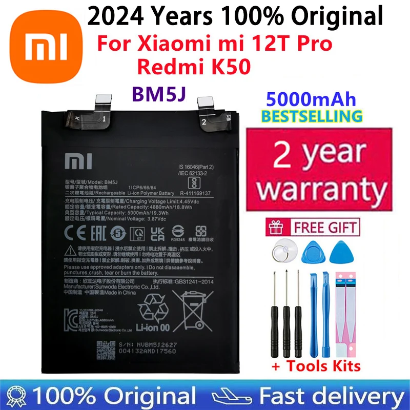 

2024 года, 100% оригинальный запасной аккумулятор 5000 мАч BM5J для Xiaomi Mi 12T Pro Redmi K50, оригинальные батареи для телефона, быстрая доставка