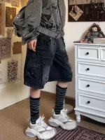 American street oversized washed vintage multi pocket women workwear denim shorts high waisted straight leg pants - Image 3