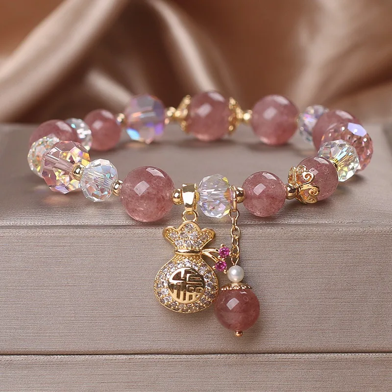

Natural Strawberry Quartz Bracelet Diamond Money Bag Pendant