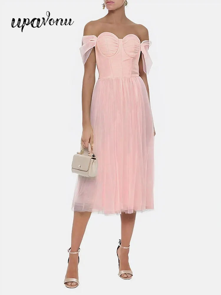 

2024 Sexy Women'S Sheer Pleated Midi Dress Off The Shoulders A-Line Fluffy Dresses Celebrity Cocktail Evening Party Vestidos