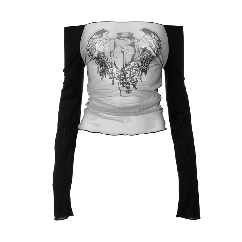 Fashion Knitted Mesh Character Print Graphic T Shirts Casual One-Piece Neckline Long Sleeve Women Clothes See-Through Y2k Top