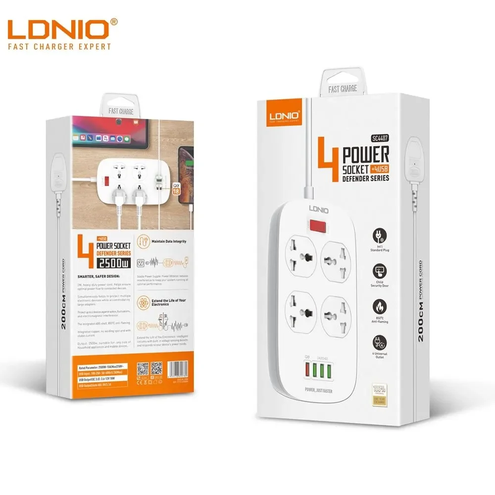 LDNIO EU ̱  2500W   QC3.0 USB    Ȯ  Ʈ, 4 USB 10A ܼƮ 2M ġ