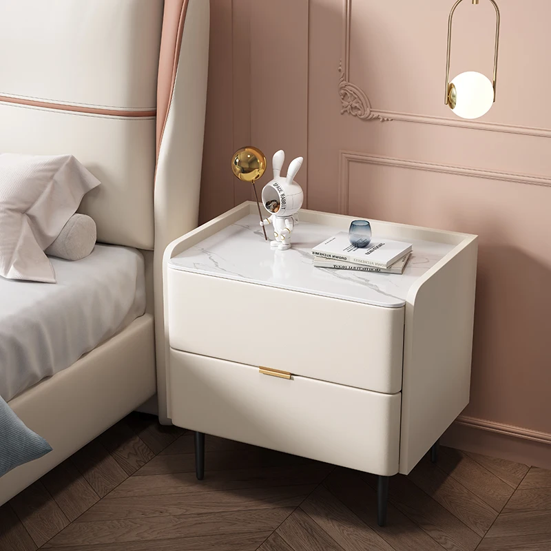 

Full solid wood bedside table, mesh red cream style, light luxury rock panel, leather table, simple modern bedroom, bedside