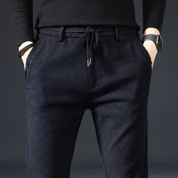Autumn Winter Brushed Fabric Casual Pants Men Thick Business Work Drawstring Elastic Waist Slim Black Trousers Male Plus Size 38