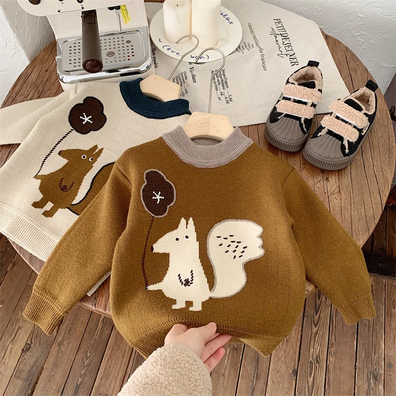 

Autumn Winter 2023 Young Kid Girl Sweater Cartoon Squirrel Fleece Thicken Warm Baby Girl Top Long Sleeve Children Girl Pullovers