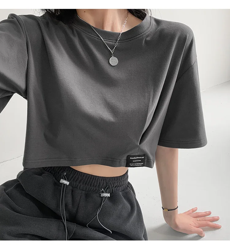 harajuku Simple solid color Crop Top Women Casual Short Sleeve T shirt Summer sexy loose young girl short T-shirt korean clothes
