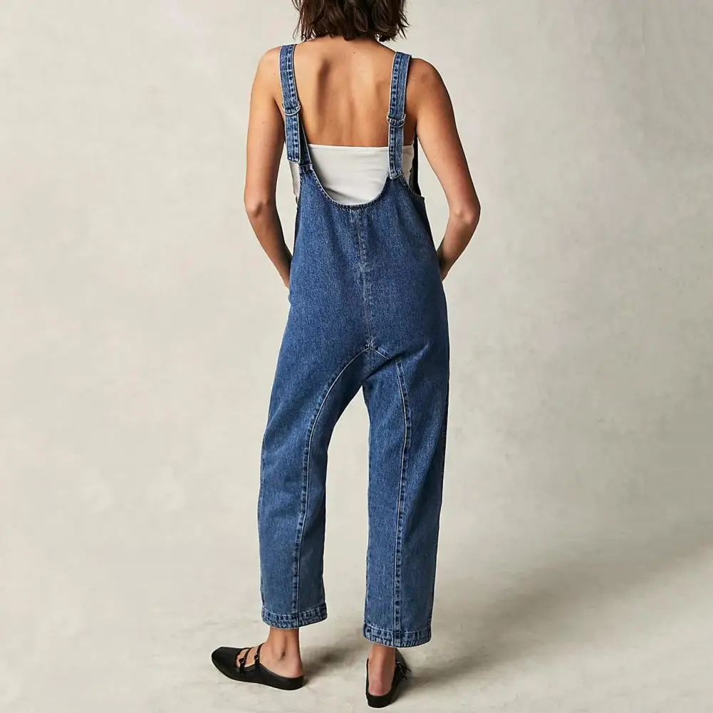 

Women Casual Jumpsuit Stylish Women's Solid Color V-neck Jumpsuit with Adjustable Straps Pockets Relaxed Fit for Streetwear