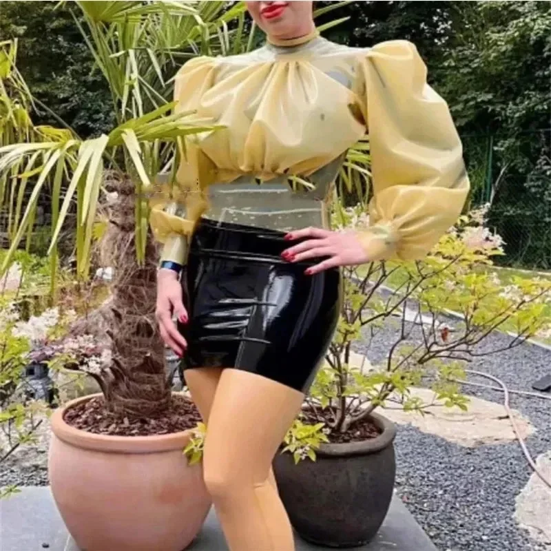 Latex Lingerie Sexy Black Women Latex Short Sleeves Shirt Rubber Top Tight Customize with Back Zipper