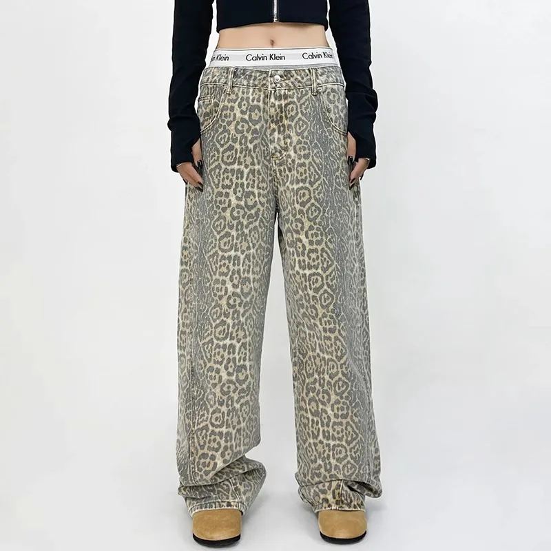 

American Retro High Street Casual Overalls Leopard Print Loose Wide Leg Pants For Women Y2k Hip-hop Cargo Grunge Baggy Trousers