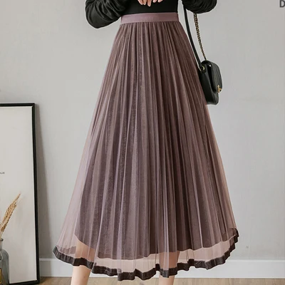 long skirts for women 2019 Autumn Winter Skirt Elegant Mesh Gold Velvet Patchwork High Waist Pleated Lace Skirts Womens Casual Party Black Skirt green skirt Skirts