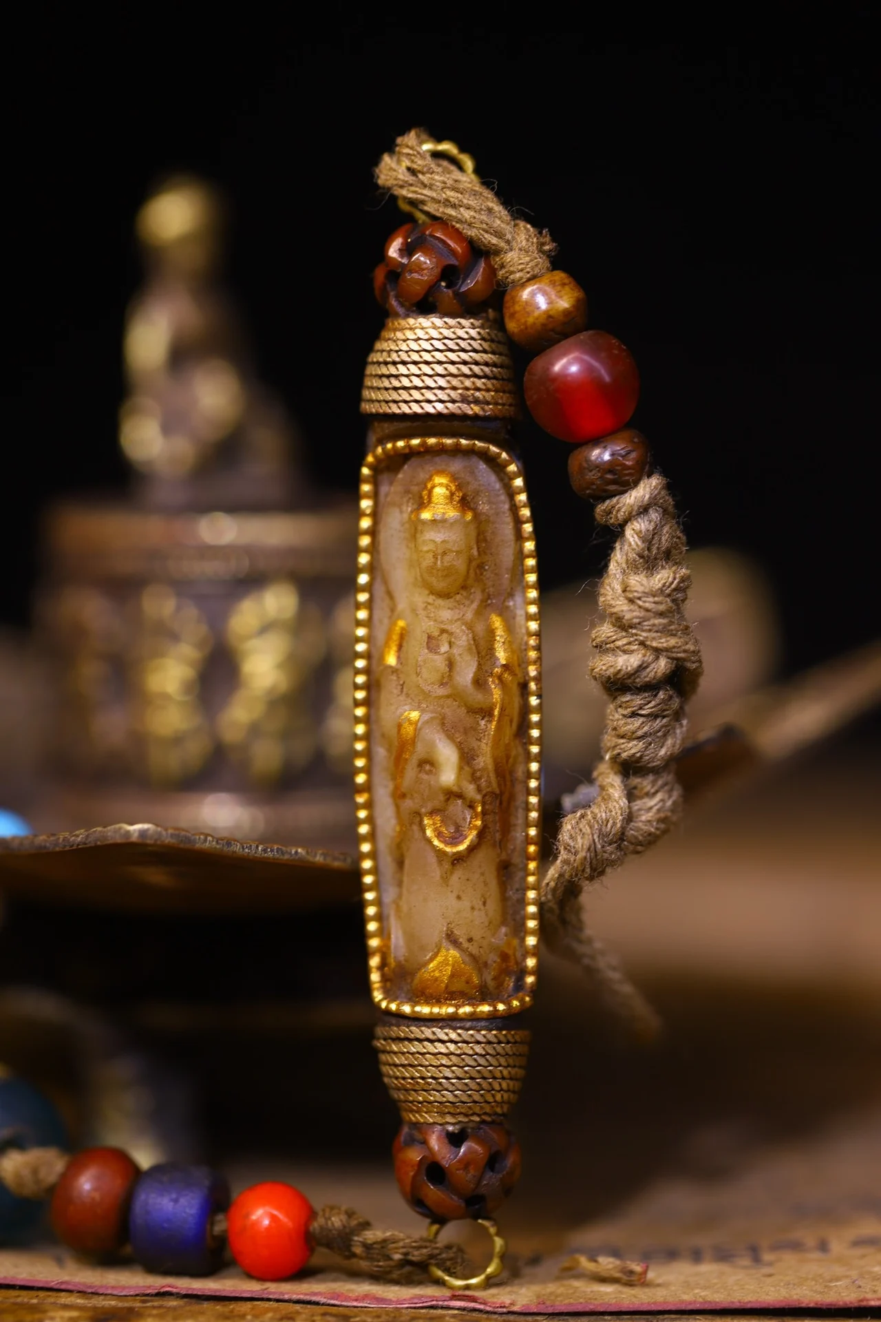

3"Tibetan Temple Collection Old Natural Agate Mosaic Gem gZi Beads Guanyin Buddha Beads Pendant Amulet Dharma Worship Hall