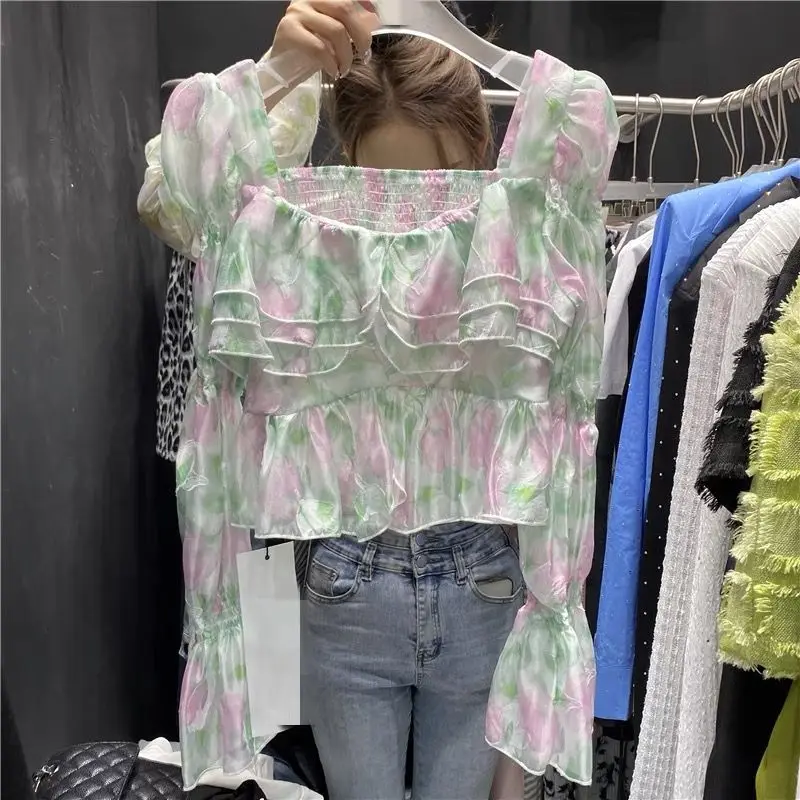 

Casual Blouse Female 2023 Spring Season French Ladies Style Slim Square Neck Ruffled Floral Long Sleeve Shirt Blouse Female Top