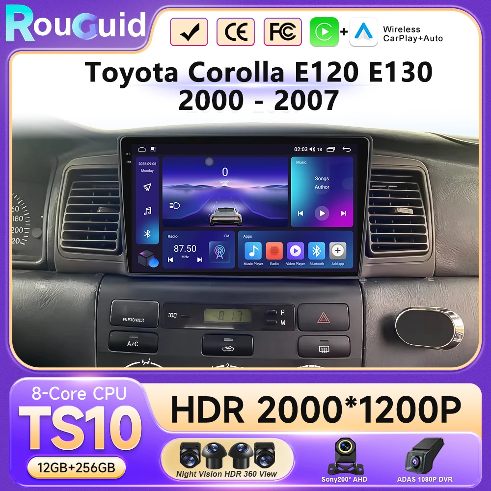 Radio Estéreo para Auto con 12+256G, Reproductor Inalámbrico para Toyota Corolla E120 E130 2000-2007, 2Din, GPS, Sistema Android 16, Autoradio