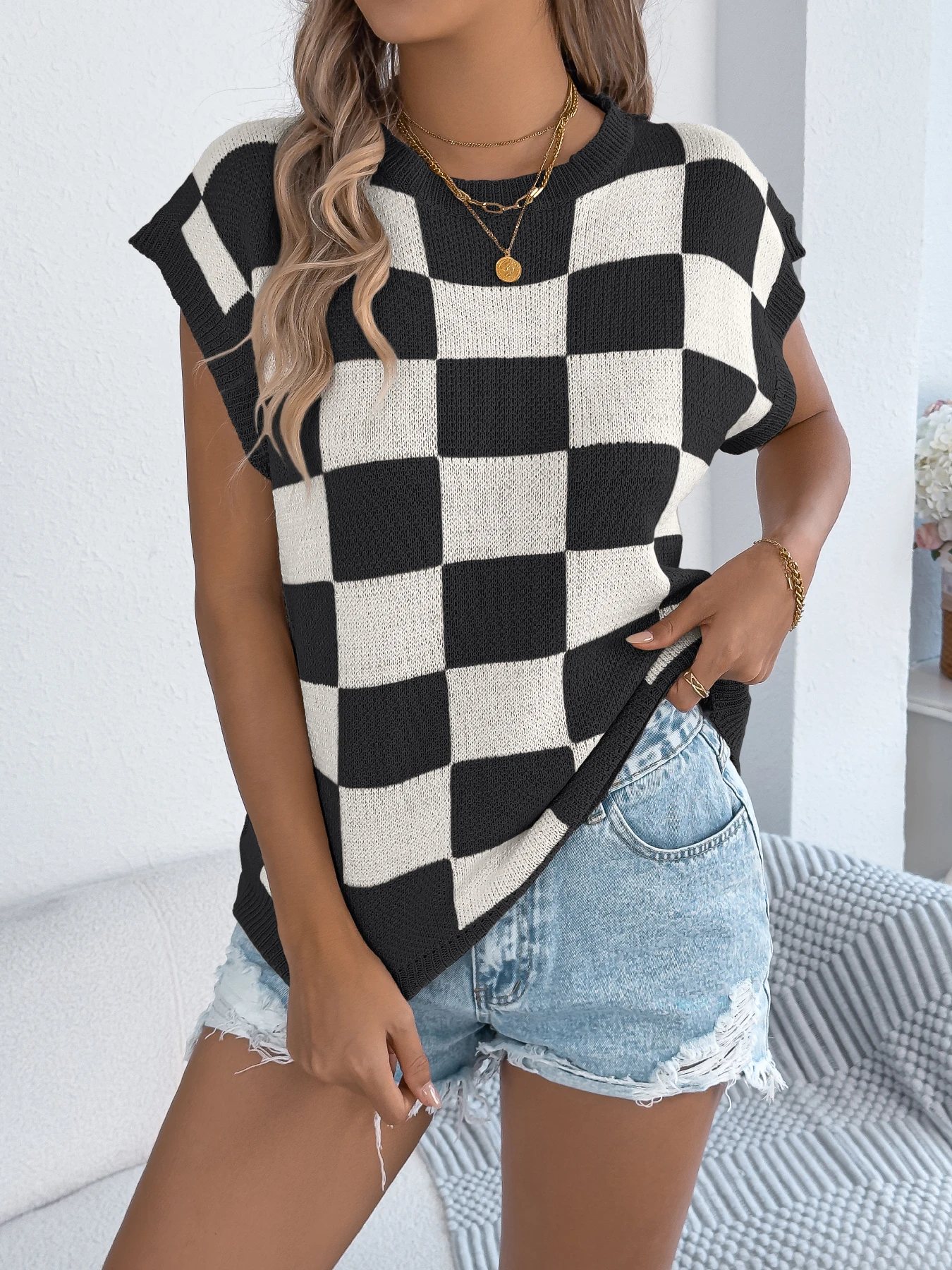 Women Knitted Pullover Black Orange Short Sleeve Top