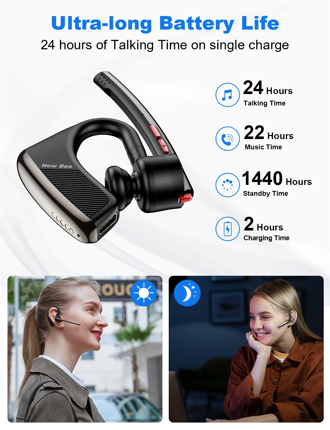 New Bee M50 Bluetooth Headset Wireless Earpiece Earphones 24 Hrs Talk Time V5.2 Headphones with Dual Mic CVC8.0 Handsfree 3