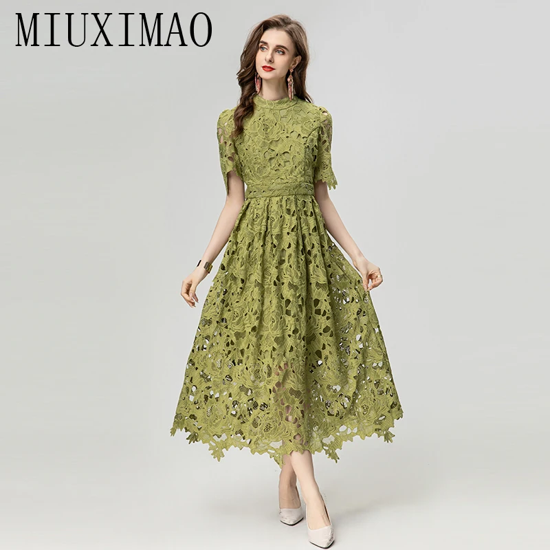 MIUXIMAO Модные Дизайнерские летние женские платья с круглым вырезом воротник крючок цветок полые однотонные Цветочные офисные женские длинные платья в стиле ампир