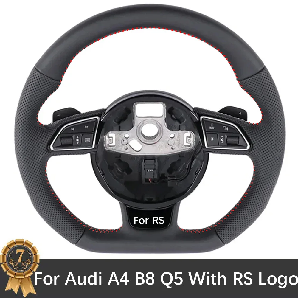 

For Audi A4 B8 Q5 MultiFunction Steering Wheel Red Line Leather Perforatrd RS Logo Assembly Accessories