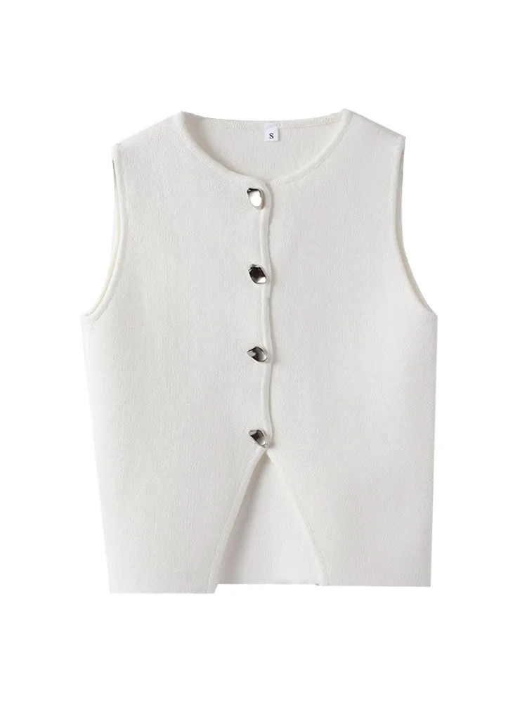 thumbnail image 4 of Chaleco elegante de cuello redondo para mujer, Top corto sin mangas con botonadura única, moda urbana, 2024, 4 of 5