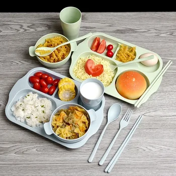 Ensemble de vaisselle anglaise en paille de blé pour enfants, assiette à repas synchronisée pour la maternelle, cuillère à déjeuner pour étudiants, fourchette, assiette à baguettes, ensemble de quatre pièces 1