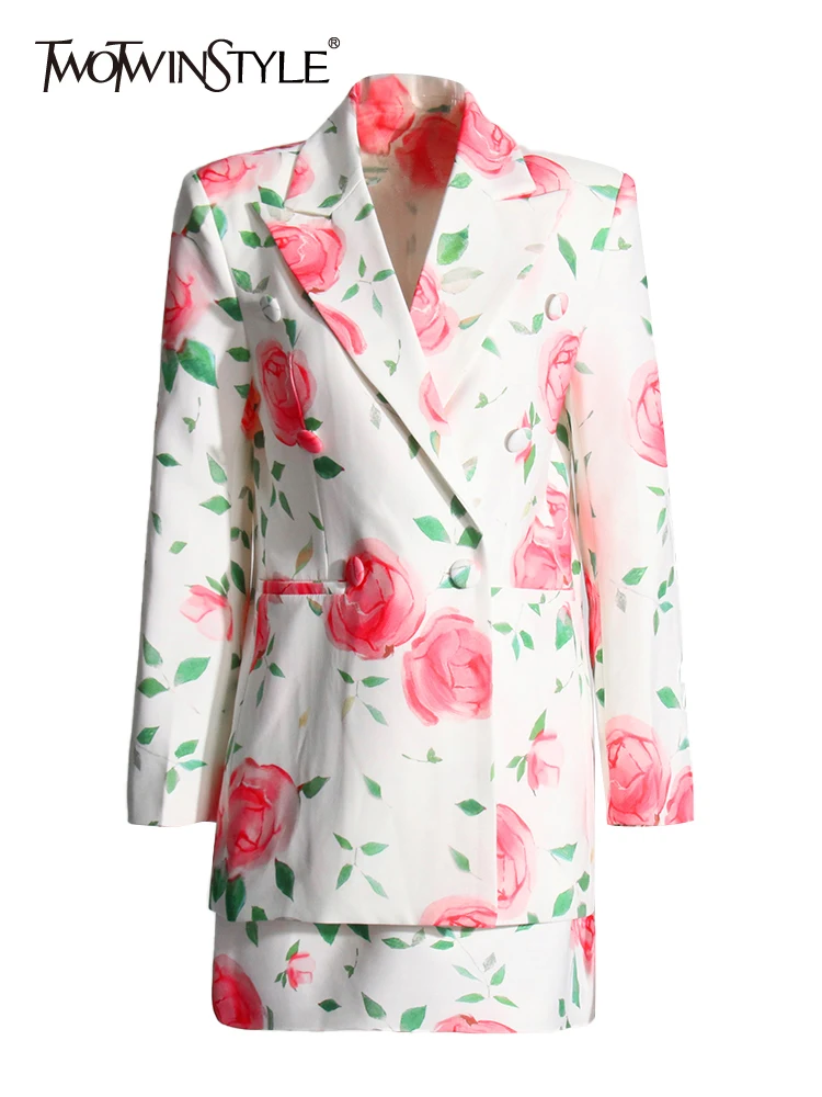 

TWOTWINSTYLE Colorblock Printing Two Piece Set For Women Notched Collar Long Sleeve Blazer High Waist Mini Skirt Chic Set Female