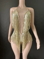 Sparkly Rhinestones Sequins Tassel LeotardWomen Nightclub Outfit Singer Dancer CostumeStage Wear Sexy Performance Bodysuit 7G 1