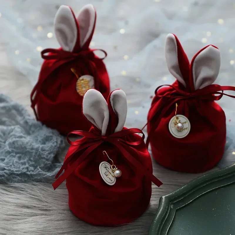 

6PCS Happy Christmas Party Velvet Gift Bags Candy Cookies Packaging Bag Easter Bunny Egg Basket Baby Shower Birthday Party Decor