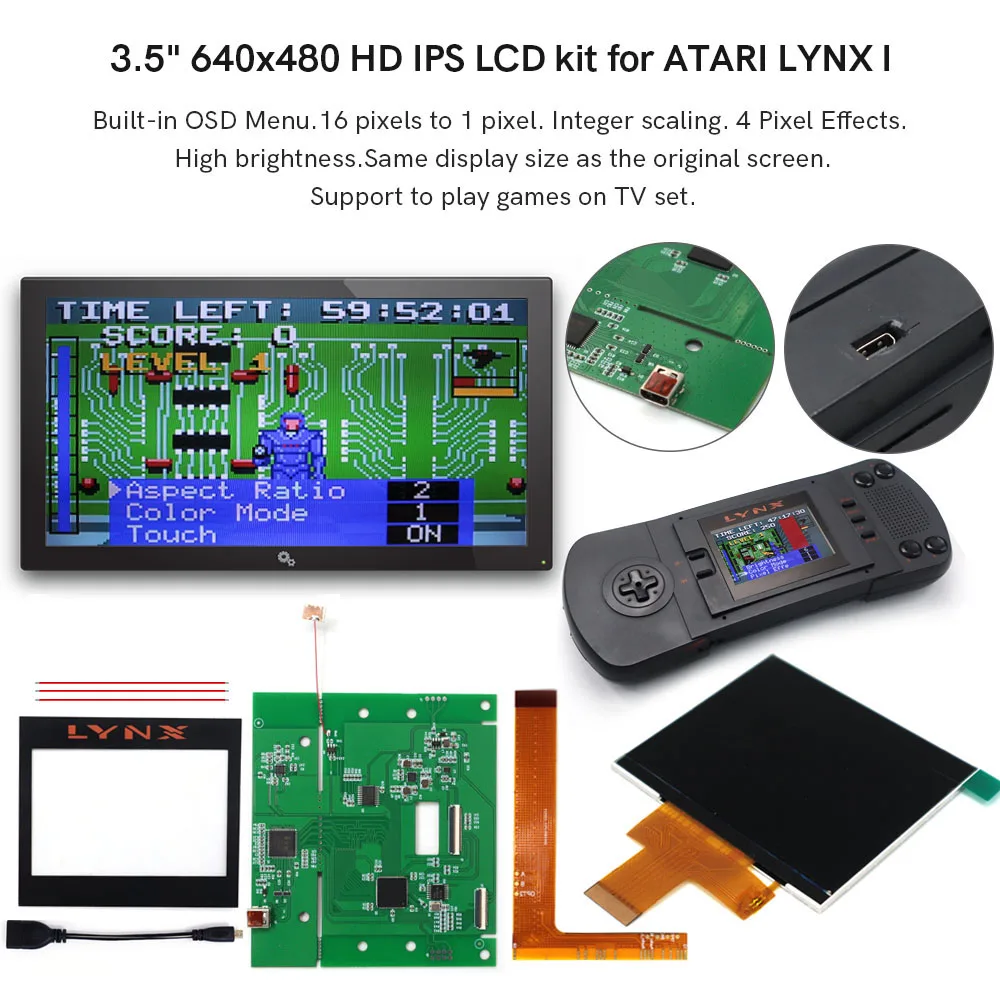Hispedido 3.5 Pollici 640*480 Retro Pixel Hd Ips Lcd Screen Mod Per Atari Lynx I 1 Kit Lcd Di Ricambio Con Uscita Tv 720P Hdmi