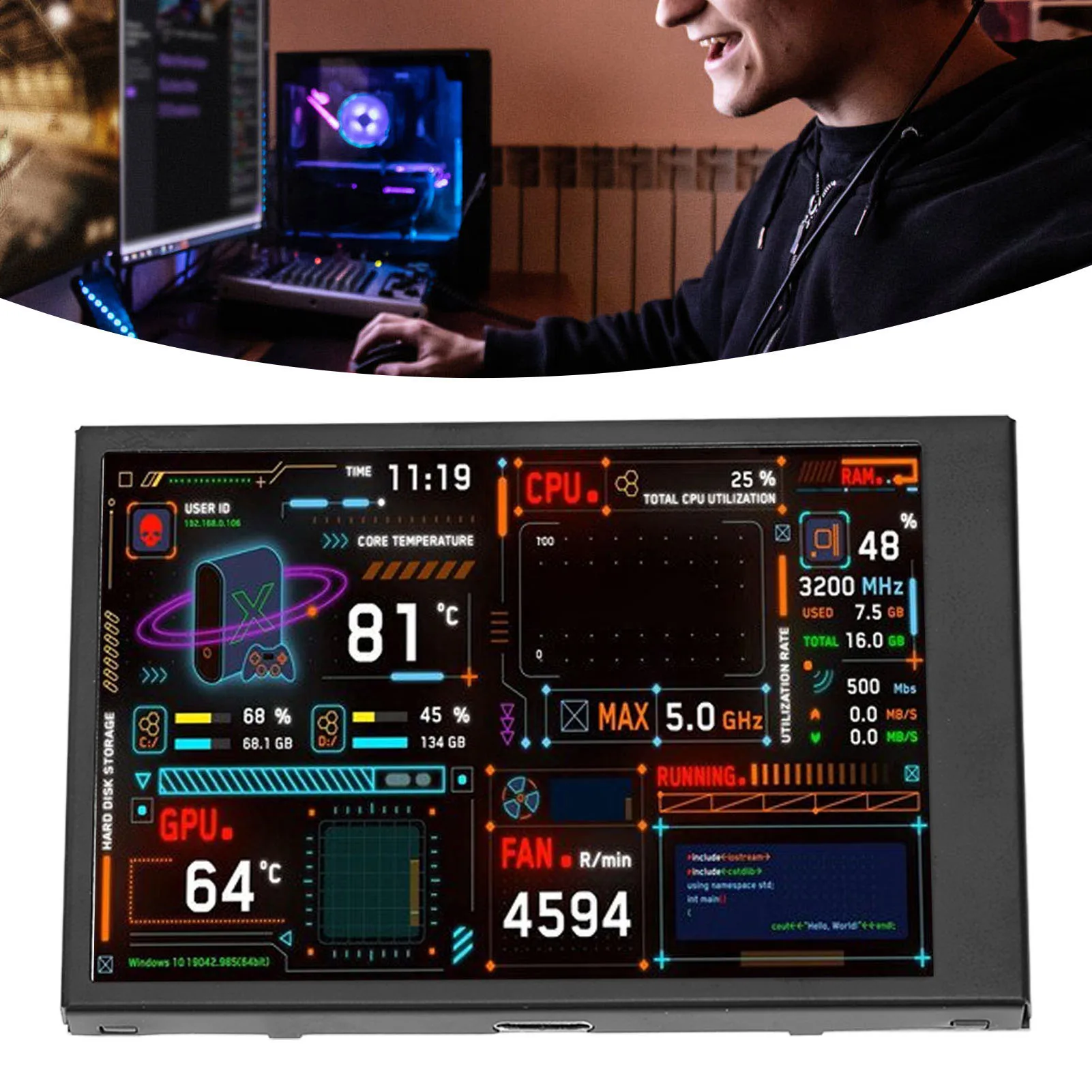 PC Temperature Display Dual USB Port Computer Temp Monitor  Mini Display 320×480 Resolution 360 Degrees Rotation for Gaming